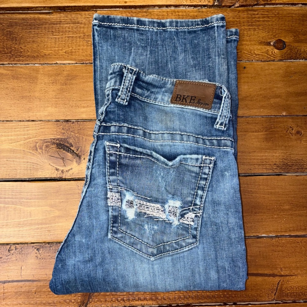 BKE Payton Bootcut Jeans Women 25 (28x31) Blue Distressed Stretch Workwear FLAWS